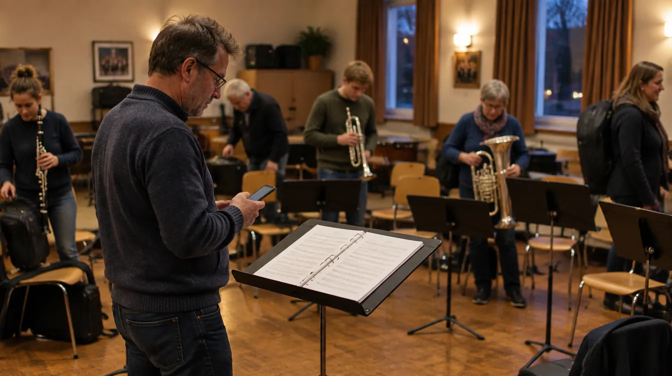 A wind band conductor checks on his phone who is coming to rehearsal while musicians arrive and unpack their instruments