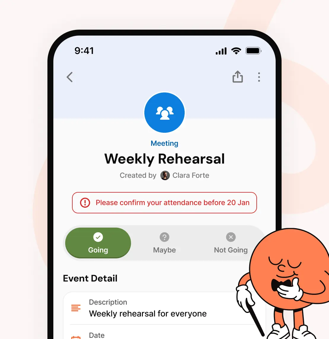 A weekly rehearsal in the Orchesi app, with buttons to reply