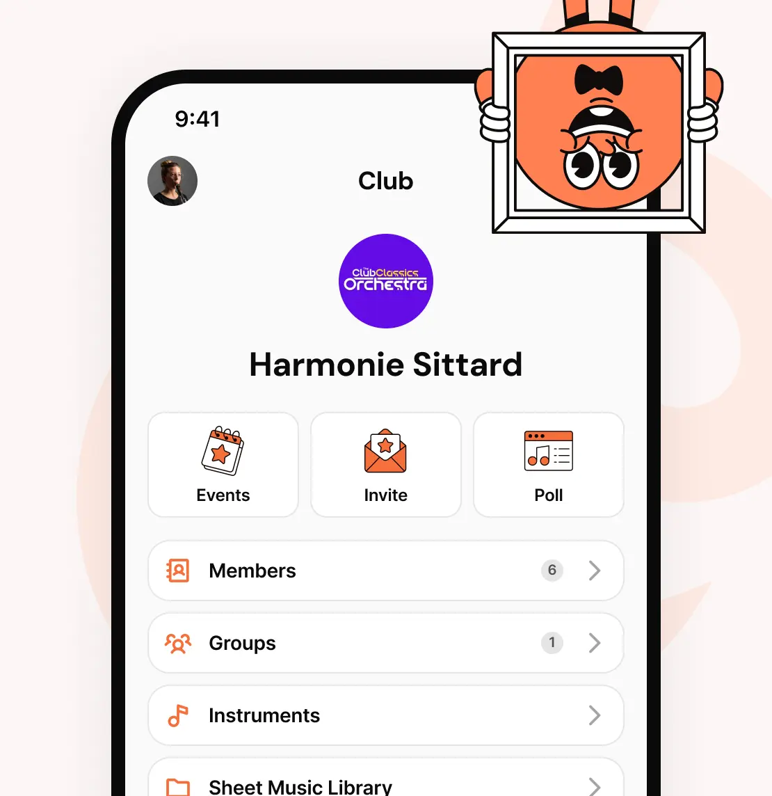 Het verenigingsoverzicht in de Orchesi-app met evenementen, leden, groepen en instrumenten