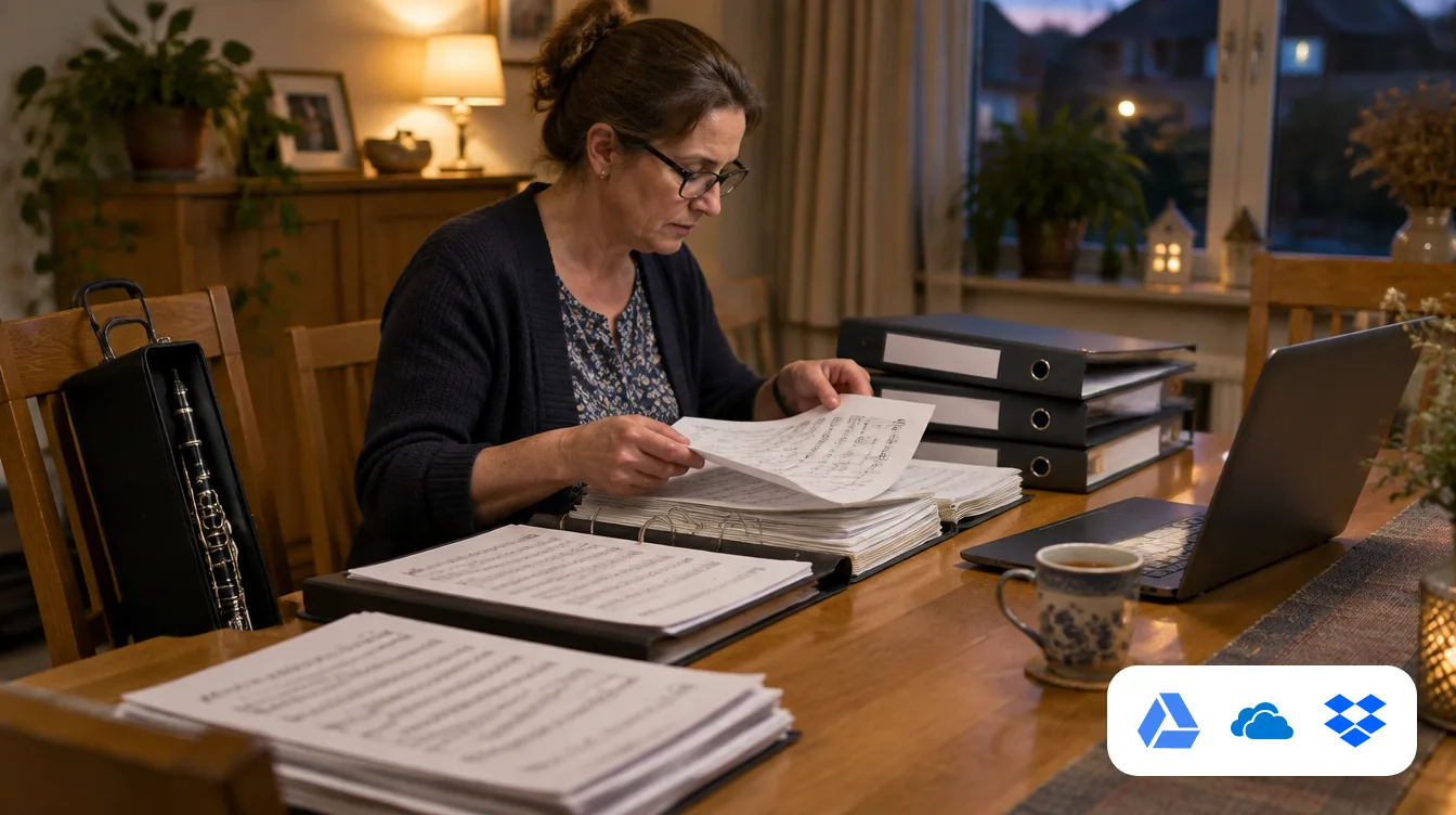 A board member sorts stacks of sheet music and binders at the kitchen table, with a laptop beside her, and the Google Drive, OneDrive and Dropbox logos