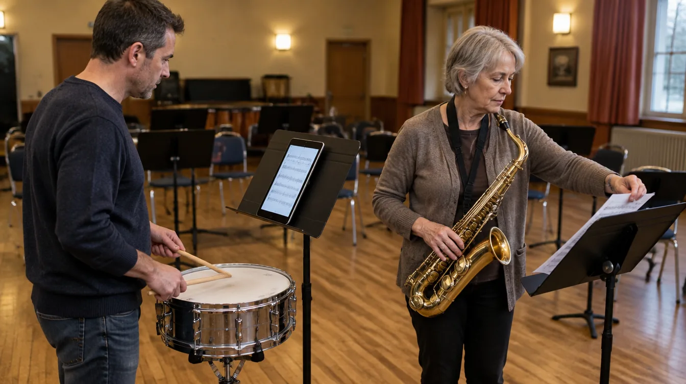 A percussionist in a community band plays from an iPad on his music stand, while a saxophonist next to him puts a printed part on her stand