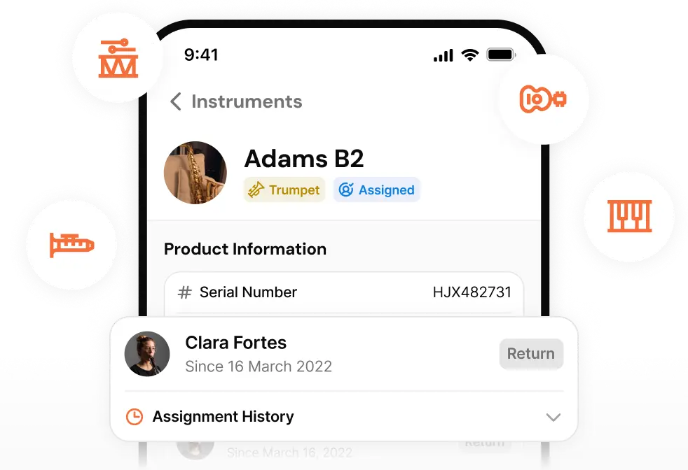 A trumpet in Orchesi with its serial number, the status Assigned and the member who has it on loan