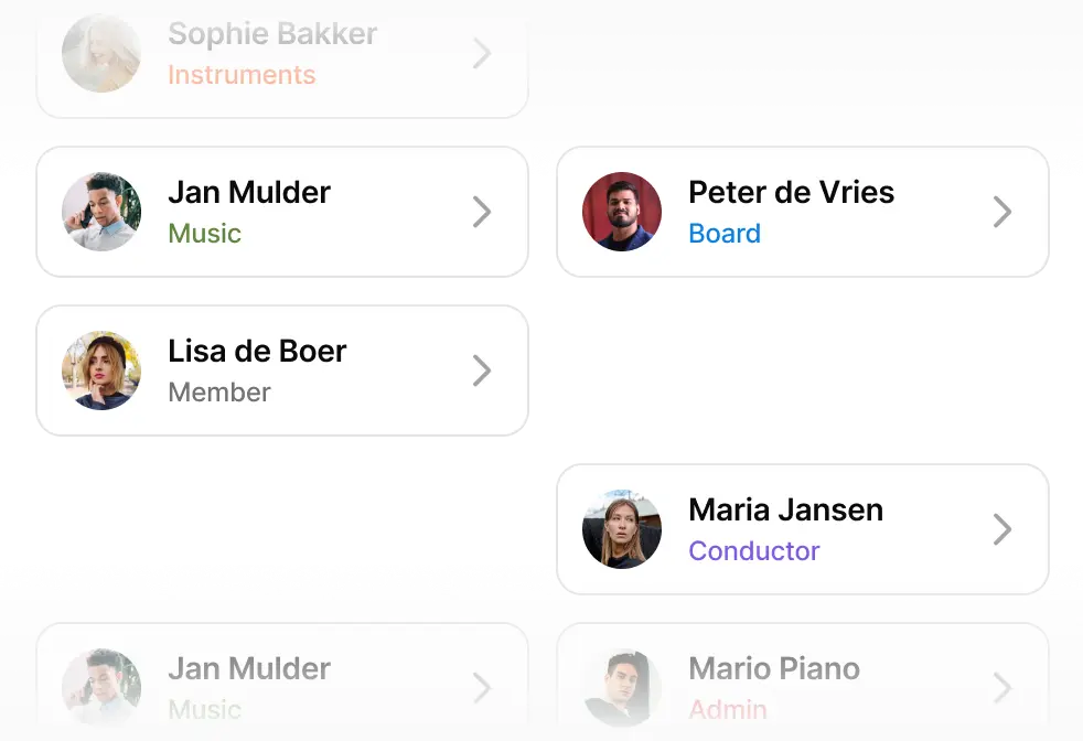 The member list in Orchesi with names and roles such as conductor, board and member