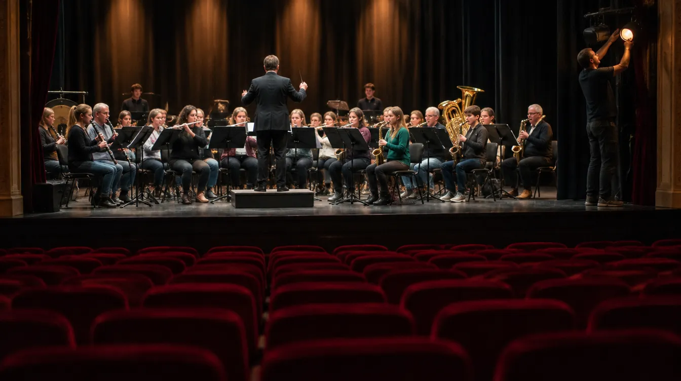 Dress rehearsal of a wind band on a theater stage, seen from the empty red seats in the auditorium, while a technician adjusts a light