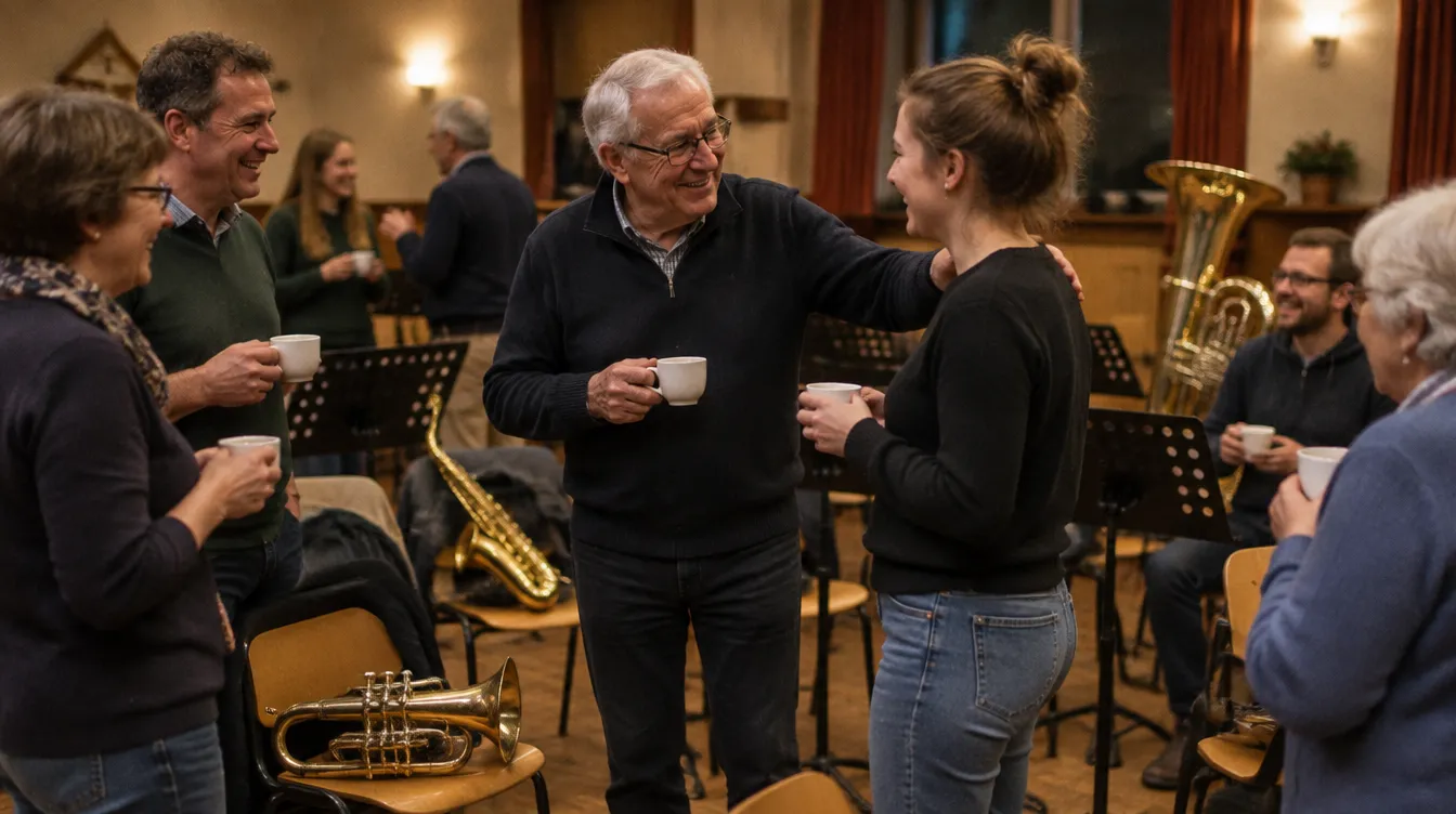 Band members having coffee during the rehearsal break; an older member welcomes a new member