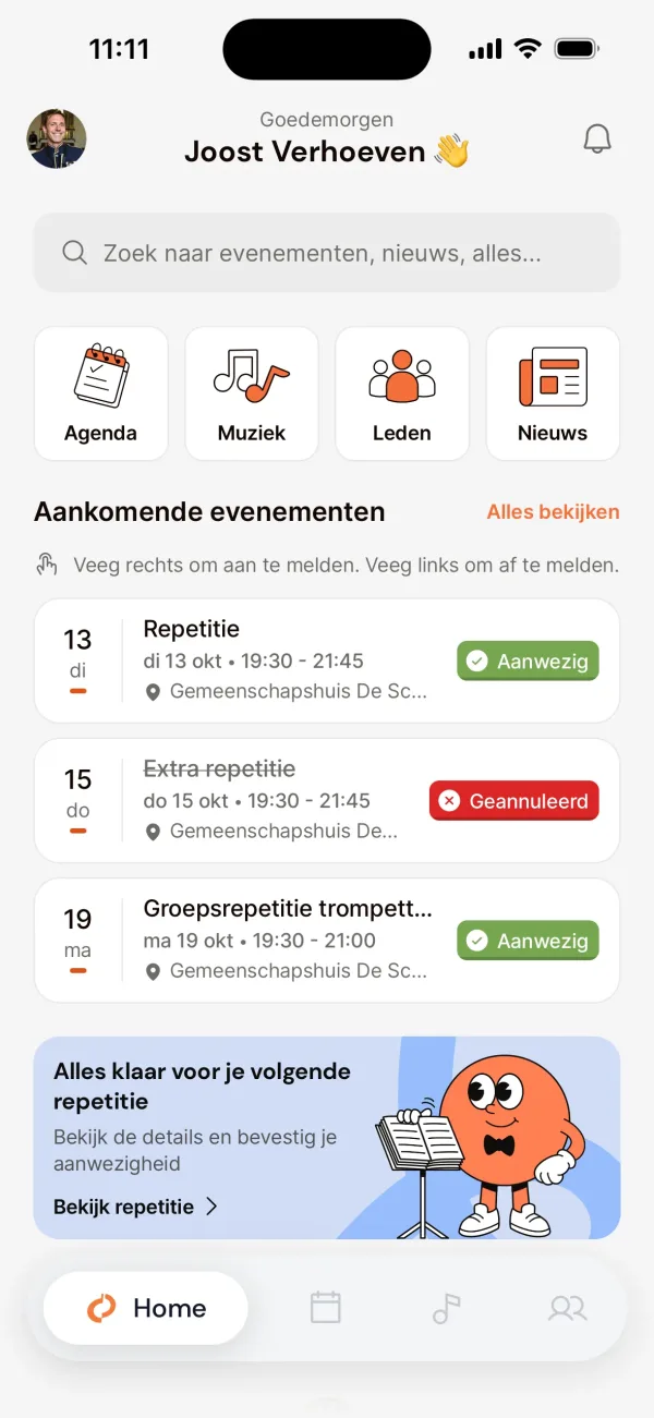 Startscherm van een lid met de komende repetities en de eigen aanmeldingen