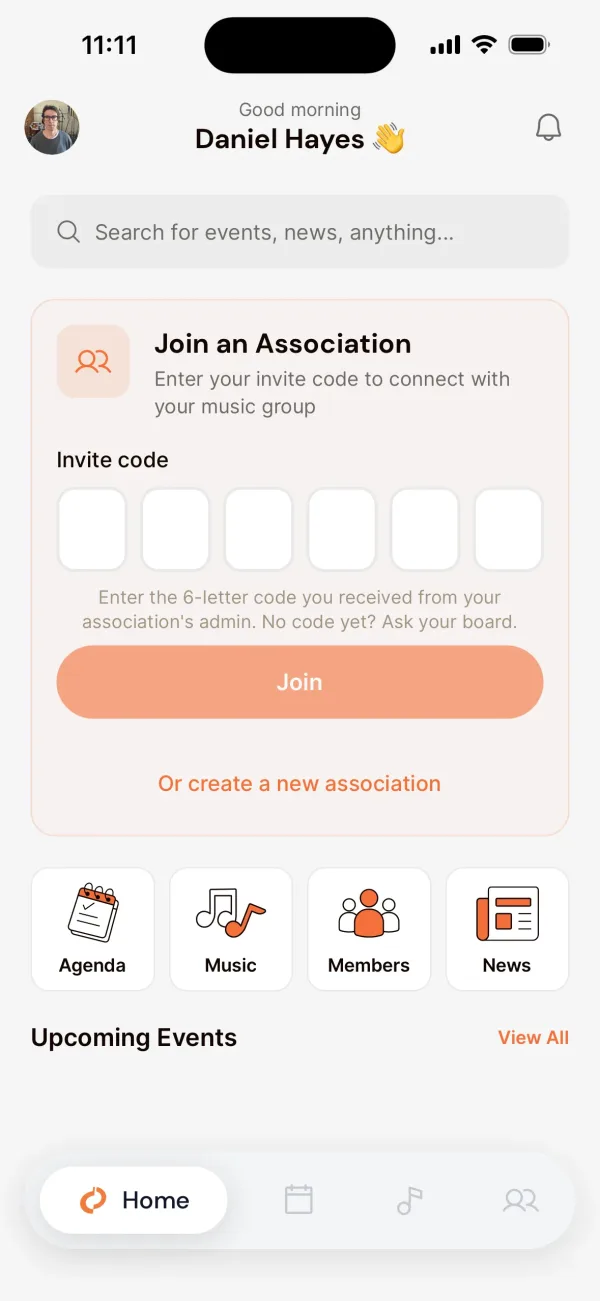 Screen in the app where a member enters the six-letter invitation code