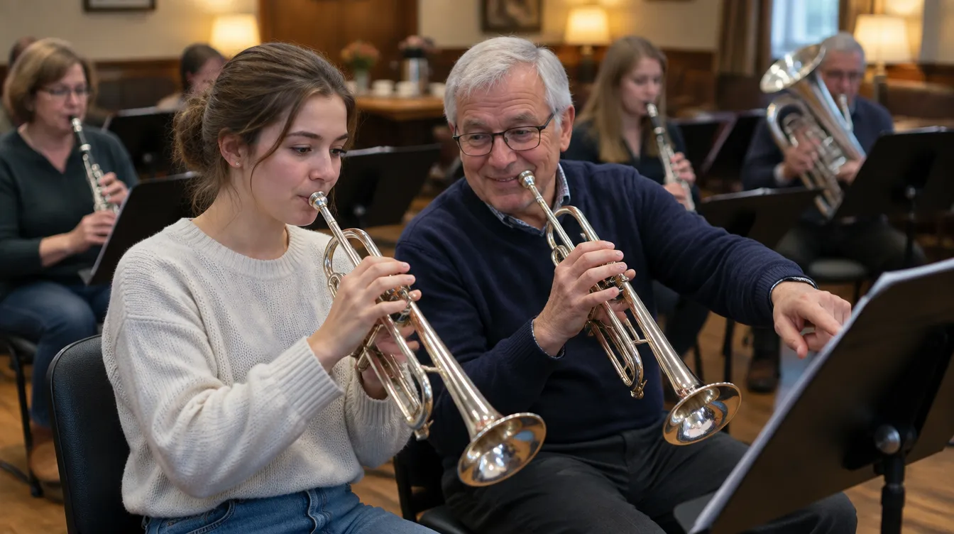 A young woman plays trumpet as a guest at an open wind band rehearsal while the older member next to her smiles and points at the sheet music