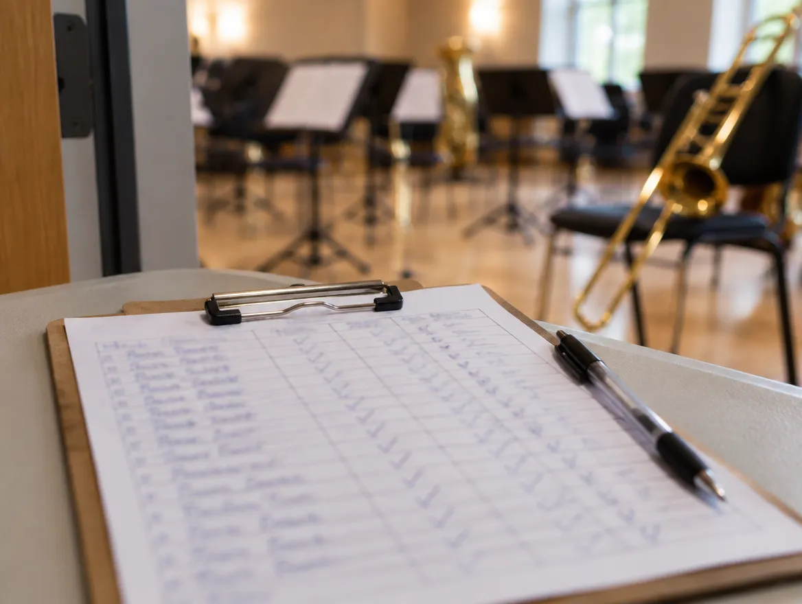 A paper sign-in sheet on a clipboard by the door of a band rehearsal room, with names and ticks