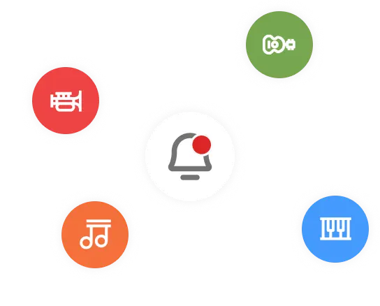A notification bell surrounded by instrument icons
