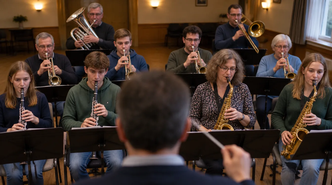 A full wind band rehearsal seen from the conductor: clarinets, saxophones, trumpets, a euphonium and a trombone, every chair taken